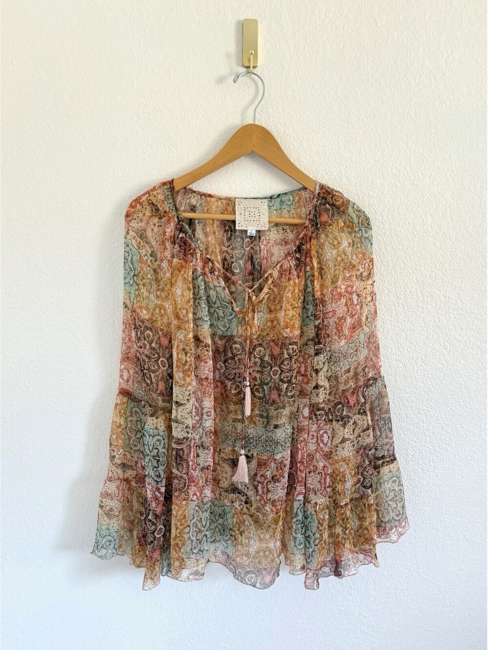 Johnny Was Women’s Sz XL Kanarra Tiered Designer Colorful 100% Silk Blouse Top